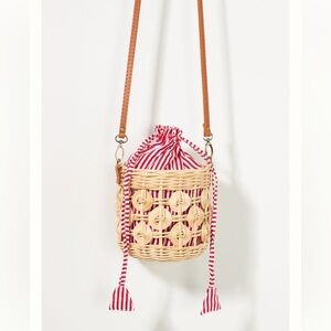 Anthropologie Raffia Bucket Bag Red White Straw Basket Purse NWOT